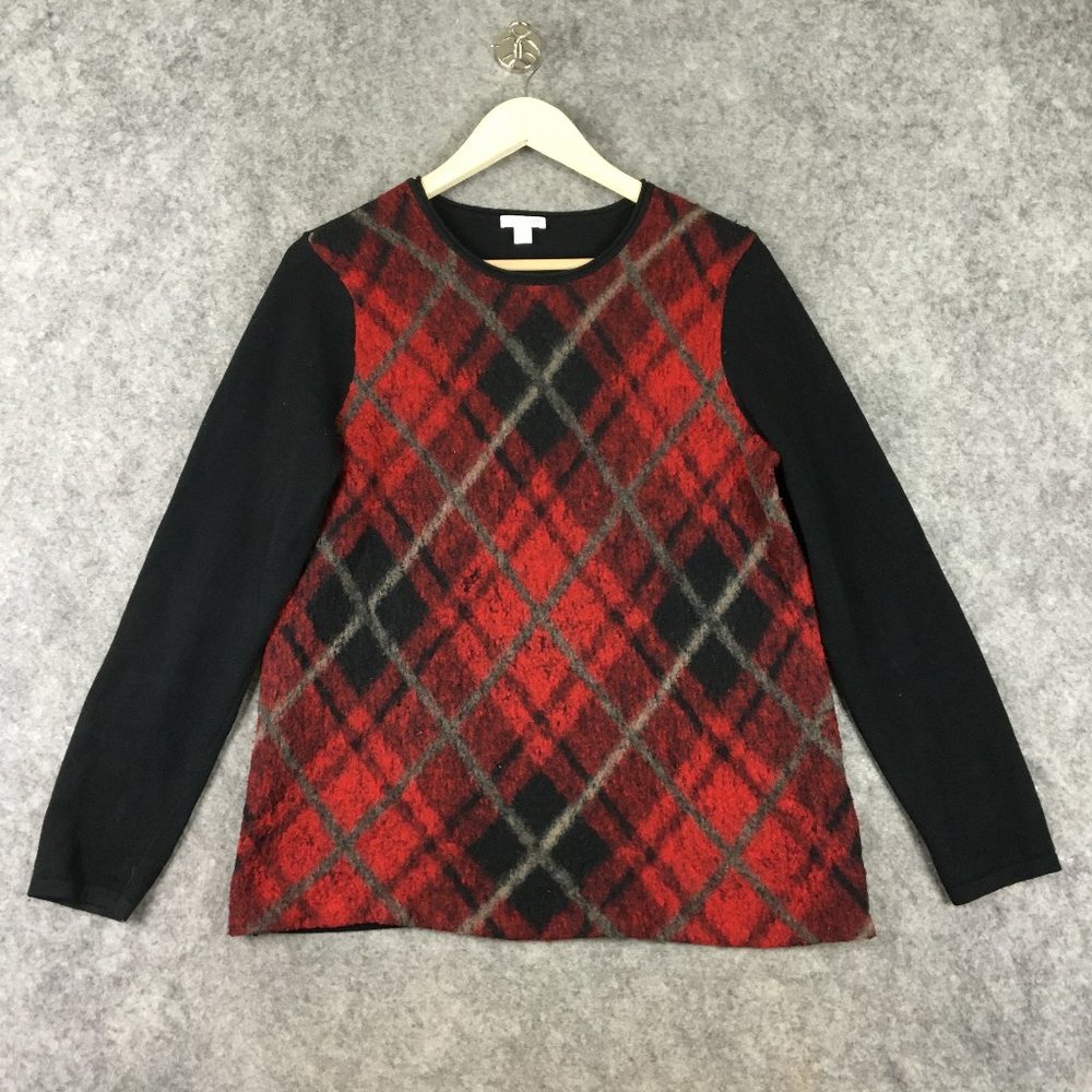 J Jill Sweater M Red Black Plaid Wool Blend Career Casual Holiday Christmas